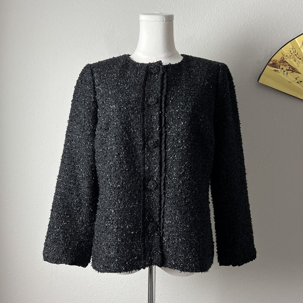 talbots rsvp black sparkly tweed dressy minimalist formal blazer button jacket
